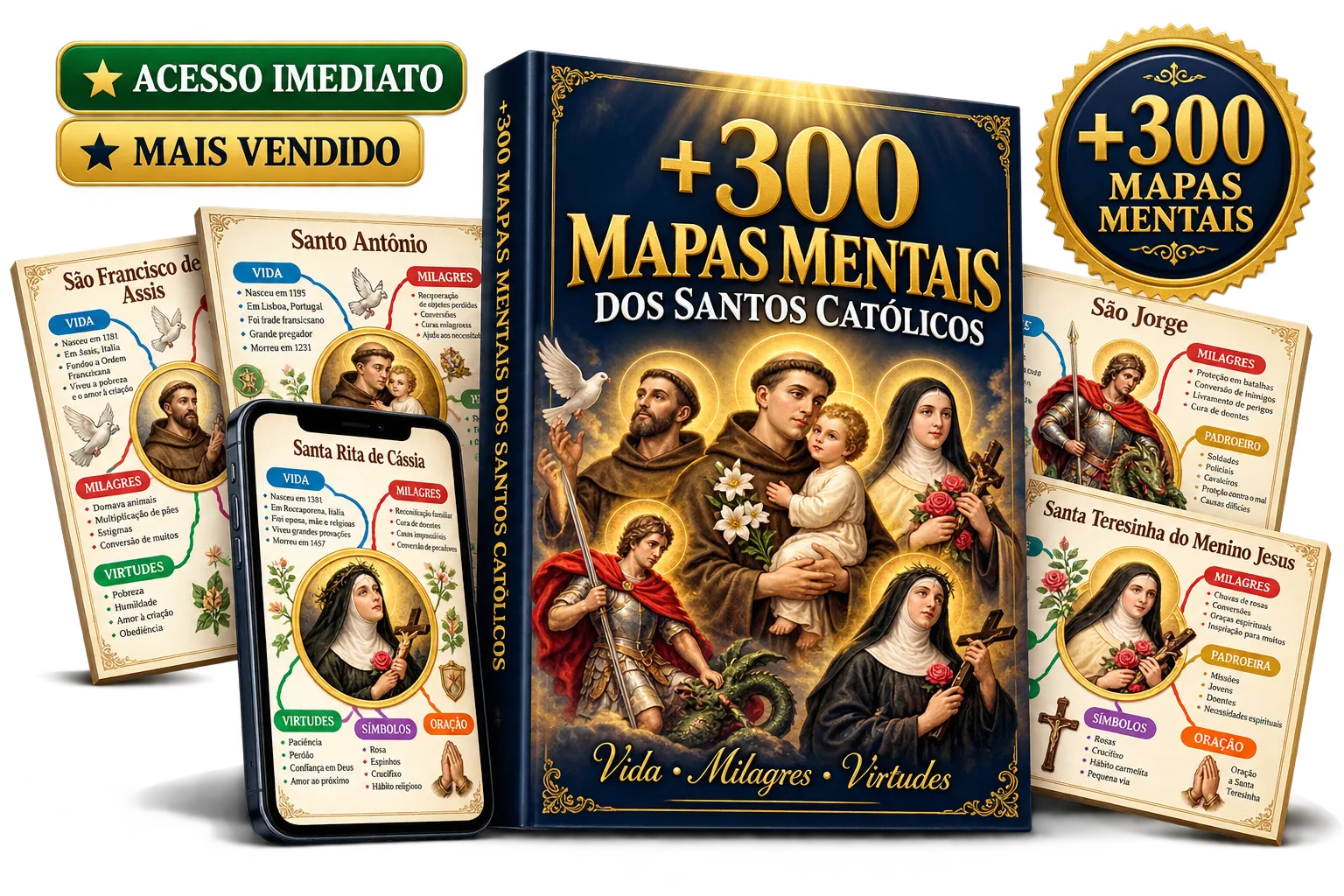 Mockup principal dos +300 Mapas Mentais dos Santos Católicos